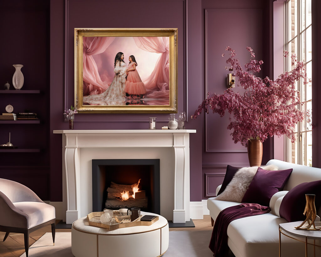 Beautiful framed canvas above a fireplace with dreamy flowing fabric